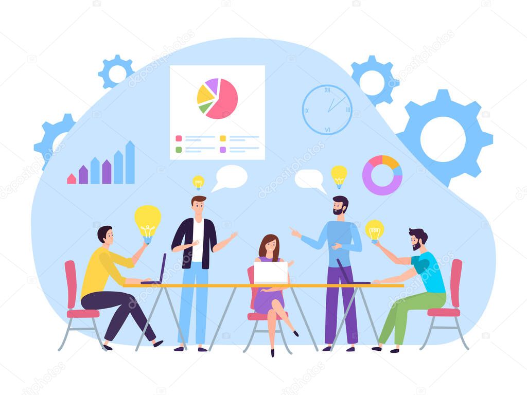 İş toplantısında beyin fırtınası yapan insanlar, vektör illüstrasyonu.  Şirket çalışanı, karakter ofiste yeni bir fikir üretme projesi.  ©vectordreamsmachine 383104260'e ait Stok Vektör