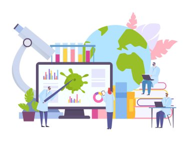 Çevrimiçi çalışma, tıp eğitimi konsepti vektör çizimi. Bilim sağlığı araştırması, ekranda virüs hakkında bilgi.