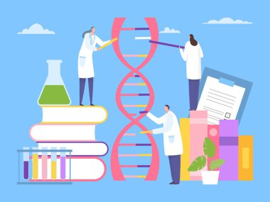 Bilim adamı DNA genetik araştırması, nükleotit konsept vektör çizimi üzerinde çalışıyor. Erkek ve kadın karakter DNA bileşenini seçer