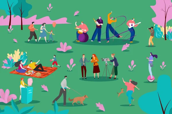 Groupe musical performer au parc, illustration vectorielle. Les gens écoutent des chansons instrumentales à la nature, des personnages de pique-nique et de marche. — Image vectorielle