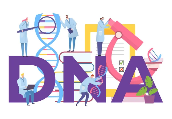 DNA-onderzoek met gen in laboratorium, vectorillustratie. Biothenologie wetenschap werk, man vrouw karakter studie molecuul — Stockvector
