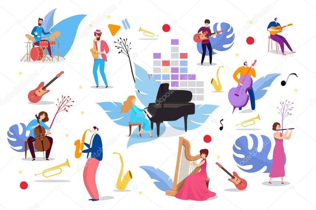 People playing on musical instruments, vector illustration. Man woman character musician with piano, guitar, saxophone, cello