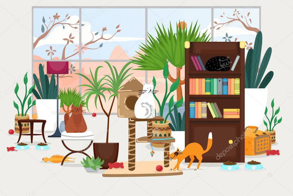 Pet accessories products in home interior, vector illustration. Room design for cats, simple care about animal. Comfortable