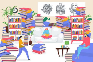Öğrenciler yaratıcı kütüphanede, vektör illüstrasyonunda bilgi sahibi olurlar. Kanepedeki erkek kadın karakter, kitap, modern eğitim..