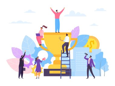 Kazanan ödüllü iş takımı başarısı, vektör illüstrasyonu. İşçi grubu şampiyonu, takım çalışması hedefi başarısı. Erkek kadın