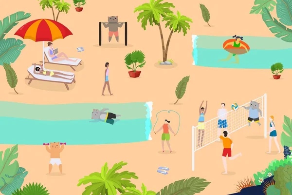 Personagem de gato esporte na praia, ilustração vetorial. Animal de artoon engraçado e pessoas em férias, verão ativo e férias . —  Vetores de Stock