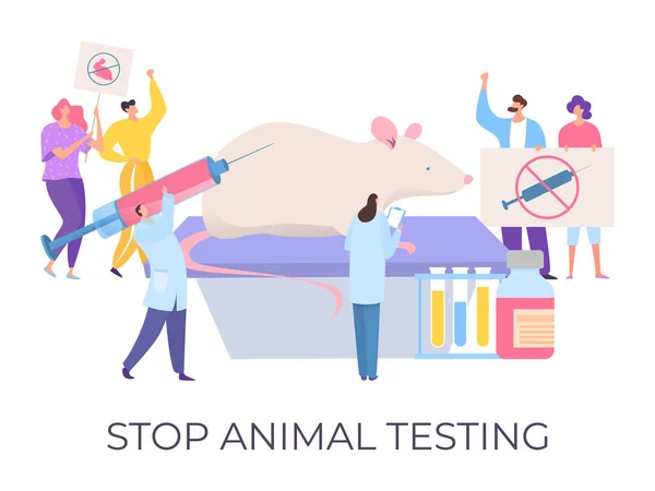 Stop animal testing, demonstration against cruelty, vector illustration. Flat people crowd character hold signs to stop toxic test — Stock Vector