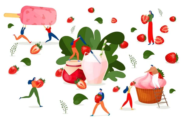 Eper desszert, gyümölcs konyha, vektor illusztráció.Emberek rajzfilm karakter édes étel, bogyó friss kulináris. Férfi nő — Stock Vector
