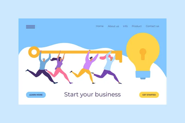 Start uw bedrijf met susccess sleutel tot idee, vector illustratie. Business people karakter teamwork strategie voor toegang — Stockvector