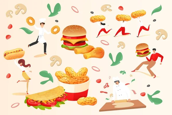 Comida rápida concepto de cocina de dibujos animados, ilustración de vectores. Hombre mujer gente carácter con grande frie comida chatarra diseño, hamburguesa, taco — Vector de stock