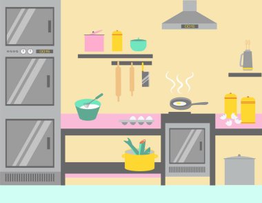 Modern ev mutfağı teknikleri, yeni mutfak odası konsepti düz vektör çizimi. Hazırlık pastası, yumurta tavası fırın kapağı ve fırın..