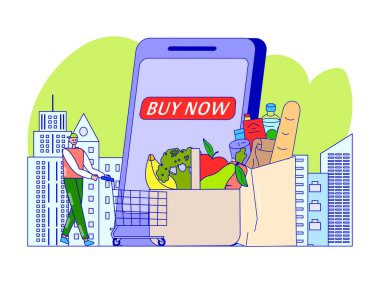 Mobil uygulama, vektör illüstrasyon marketinde. Çevrimiçi dükkandan alışveriş yap, akıllı telefonun yanında tramvay olan müşteri