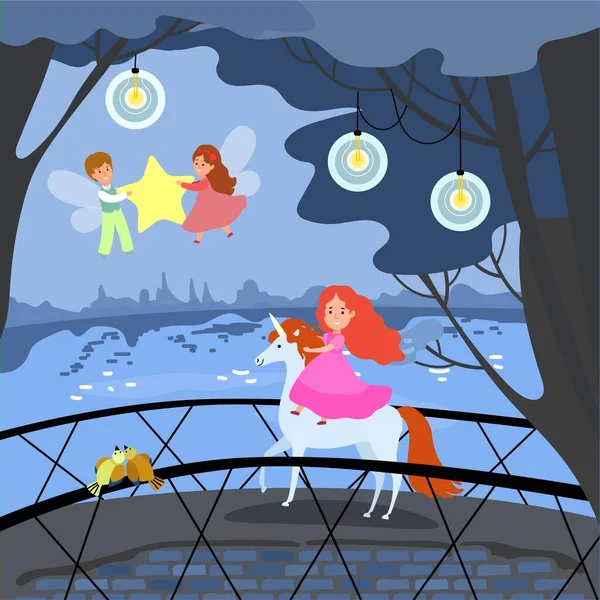 Junges Mädchen Einhorn reiten, Fantasy-Ort weibliche männliche Fee fliegen um Prinzessin und halten Sterne Abend Kompositionen flache Vektor Illustration. — Stockvektor