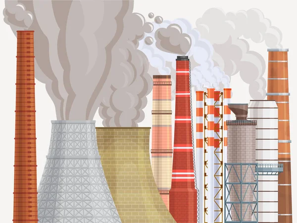 Pollution pollution environnementale usine cheminée plat vecteur illustration. Zone d'usine d'air sale dommages à l'environnement écologique. — Image vectorielle