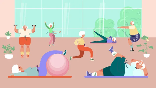 Staří lidé dělají cvičení v tělocvičně, vektorové ilustrace. Zdravá aktivita pro seniorské ženy charakter, sport a fitness — Stockový vektor