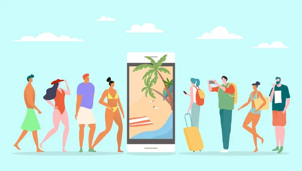 Online booking servoce for summer vacation, vector illustration. People tourist standing in line near large smartphone, tropical — Stock Vector