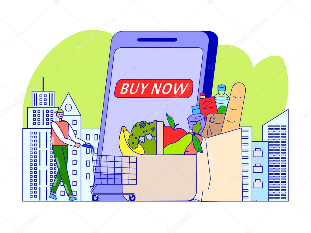 Grocery food shop at mobile application, vector illustration. Make purchase at online store, customer with trolley near smartphone