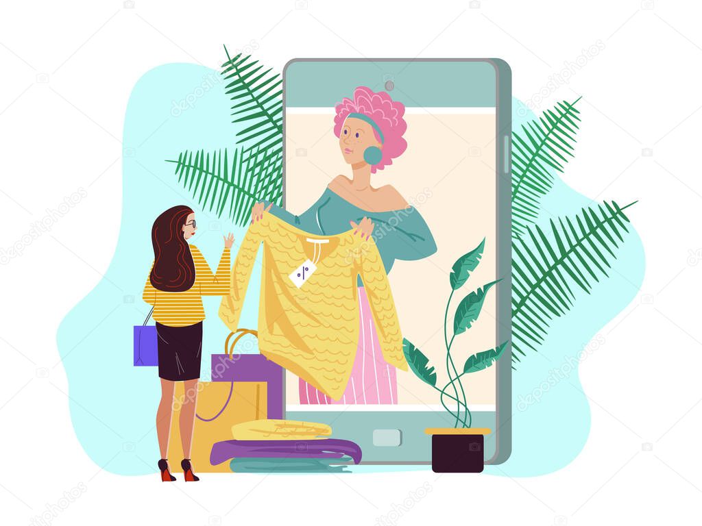 Personal fashion stylist online, vector illustration. Fashion consultant service in large smartphone, woman character design