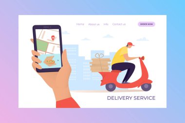 Teslimat mobil iniş vektörü çizimi. Akıllı telefonunuzla ya da bilgisayarınızla evde pizza sipariş edin..