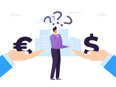 İş parası Euro ve Dolar, vektör illüstrasyonu. Düz finans para bankacılığı, para bozdurma konsepti. Erkek karakter