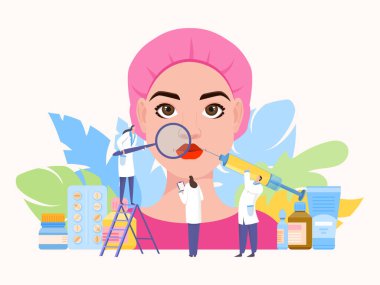 Güzellik enjeksiyon ekibi vektör çizimi yapıyor. Hiyalüronik asit yüz hatlarını ve göz kapaklarını düzeltir. Hemşire not alıyor..