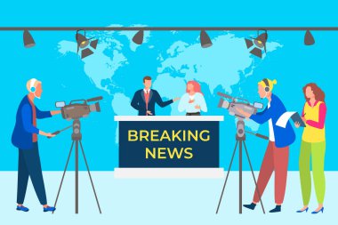 Breaking news concept vector illustation. Television studio broadcasts program. Group operators recording video on cameras. clipart