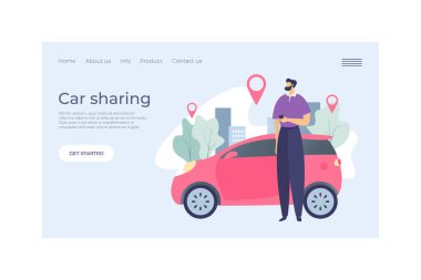 Araba paylaşımı konsepti web afişi düz vektör illüstrasyonu. Karakter erkek kiralık araç, GPS işareti var. Adam cep telefonunu tutuyor..