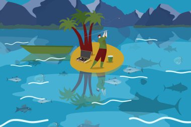 Balıkçılar tropikal balık yakalar, açık hava ekolojik park nehir okyanusu karikatür çizimi. Doğal kar dağı manzarası.
