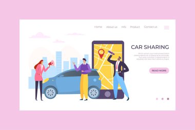 Araba paylaşımı mobil uygulama servisi, vektör illüstrasyonu. Çevrimiçi sipariş ve haritada akıllı telefon, insanlar karakter aktarımı çevrimiçi.