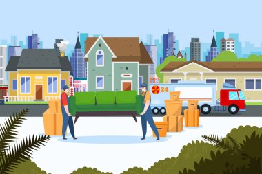 Yer değiştirme servisi teslimatı, vektör illüstrasyonu. Ev eşyaları taşınıyor, insanlar mobilyaları düz kamyona taşıyor..