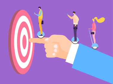 Erkek işadamı el ele tutuşur hipster karakterli kadın erkek kendini dengeleyen scooter sürerken düz vektör illüstrasyonunu hedef alır..