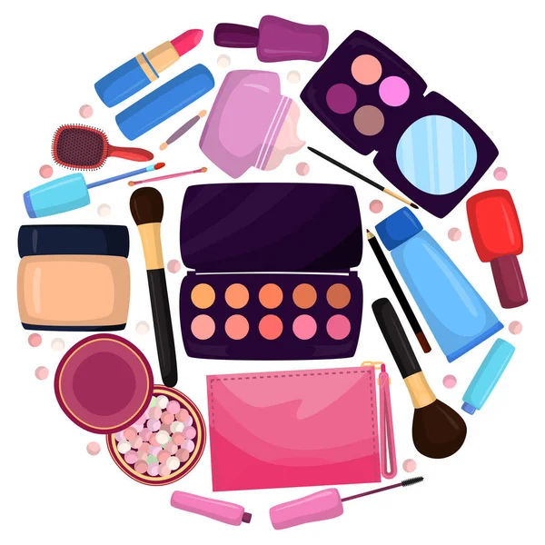 Kozmetikumok táskában, táskás smink mesterek rózsaszín színű készlet vakolat árnyékok, krémek és rúzs, design lapos vektor illusztráció — Stock Vector