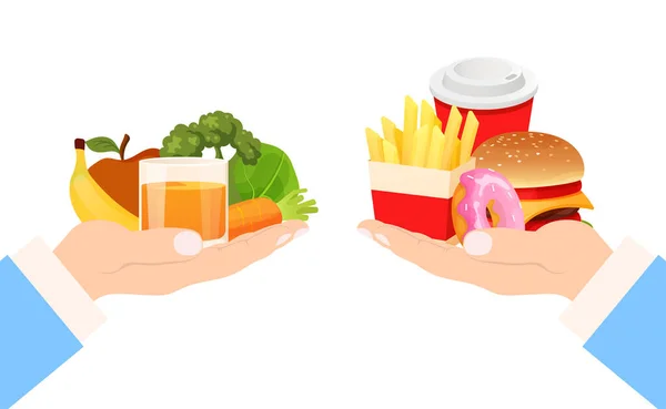 Выбор продуктов питания здоровый и нездоровый образ жизни, векторная иллюстрация. Ешьте фастфуд гамбургер и здоровое питание фрукты овощной диеты . — стоковый вектор