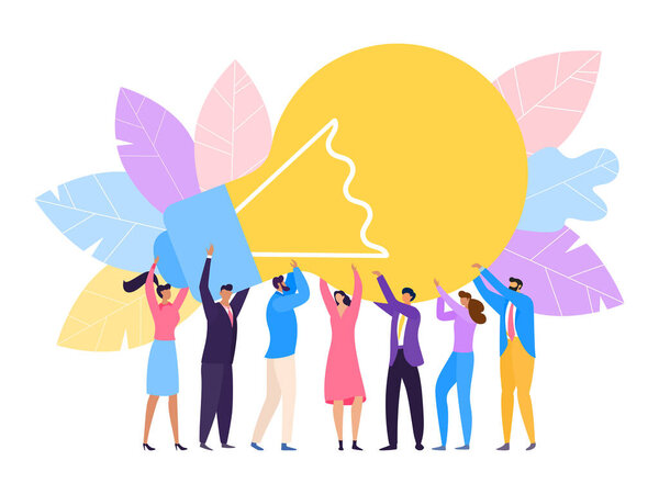 Group people hold huge lamp new idea vector Illustration. Success in business rely on teamwork, creative problem solving.