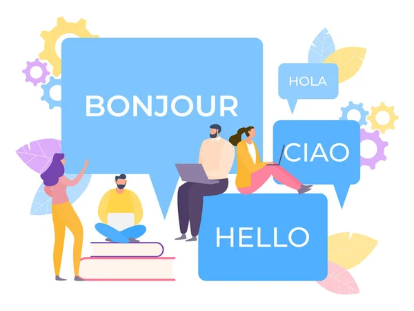 Online multi taal vertaler vector Illustratie. Toepassing vereenvoudigt het leren van spraak. Omgezette correspondentie technologie. — Stockvector
