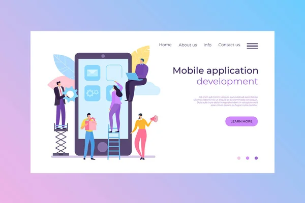 Vývoj mobilní aplikace, vektorová ilustrace přistávacího konceptu. Uživatelé skupiny rozpoznávají zobrazení návrhu, vytvářejí uživatelské rozhraní. — Stockový vektor