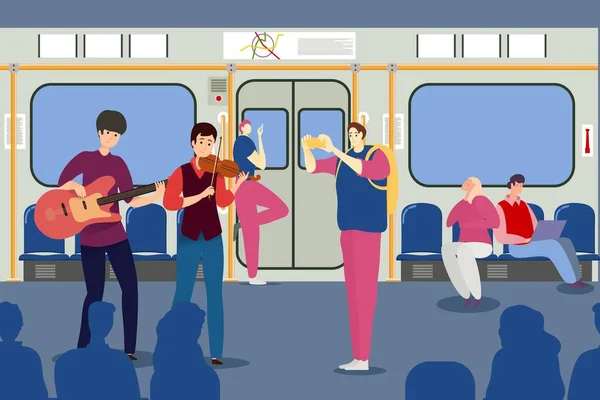 Yolcu için metro treninde müzik performansı, vektör illüstrasyonu. Metro ve grupta profesyonel müzisyen karakteri. — Stok Vektör