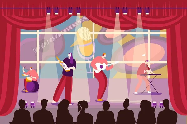 Banda de personas tocando música en el escenario, ilustración vectorial. Hombre de dibujos animados mujer carácter músicos en la actuación, grupo musical . — Vector de stock