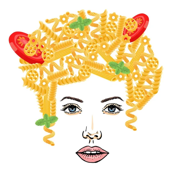 Pasta-Frisur, Spaghetti-Mädchen auf weißem Hintergrund, Vektorillustration. Essen auf Frauenkopf, gelbe Nudeln mit Grüntönen — Stockvektor