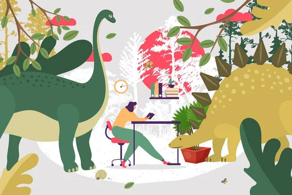 Läsa bok om naturen vilda djur, flicka föreställa vektor illustration. Ung kvinna karaktär sitter vid bordet, dinosaurie reptiler — Stock vektor