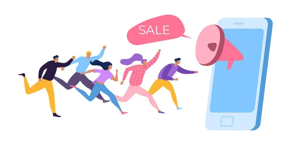 Venta en el teléfono inteligente, la gente personaje corriendo ilustración vectorial. Marketing web, cliente de dibujos animados correr a la tienda de teléfonos . — Vector de stock