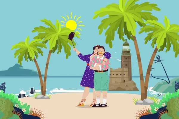 Люди пара на пляжі роблять селфі за допомогою смартфона, векторні ілюстрації. Любов фото на літніх канікулах, чоловік і жінка персонаж — стоковий вектор