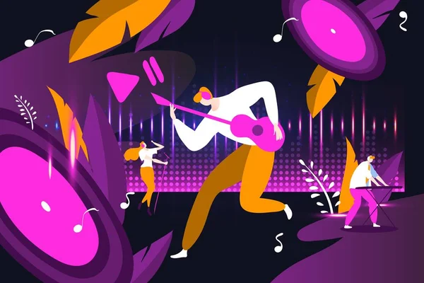 Muzikant karakter mannelijke band, man gitarist spelen pop muziek vrouw zingen populaire lied, persoon toetsenist platte vector illustratie. — Stockvector