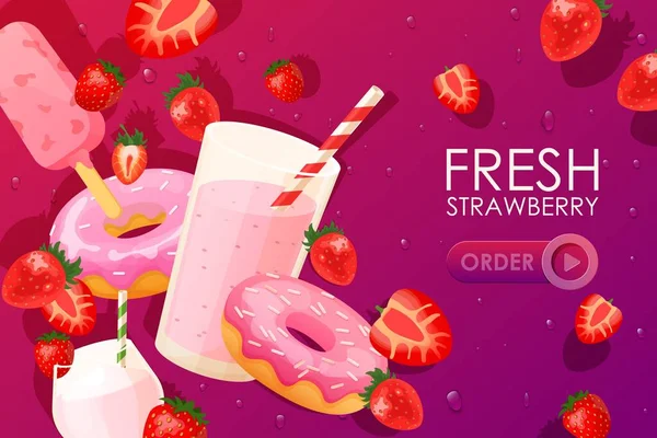 Sobremesa fresca de morango, bebida e comida, ilustração vetorial website. Cocktail doce de frutas, sorvete e donuts . — Vetor de Stock