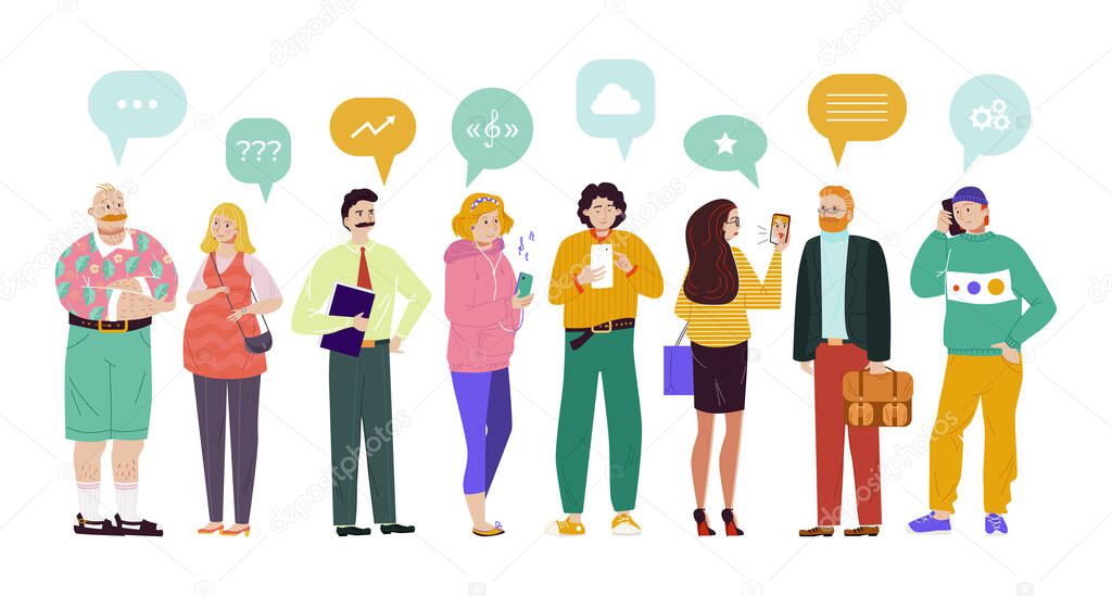 Group people speech bubbles comunication vector Illustration. Chat participants ask questions, find music, discuss various topics.