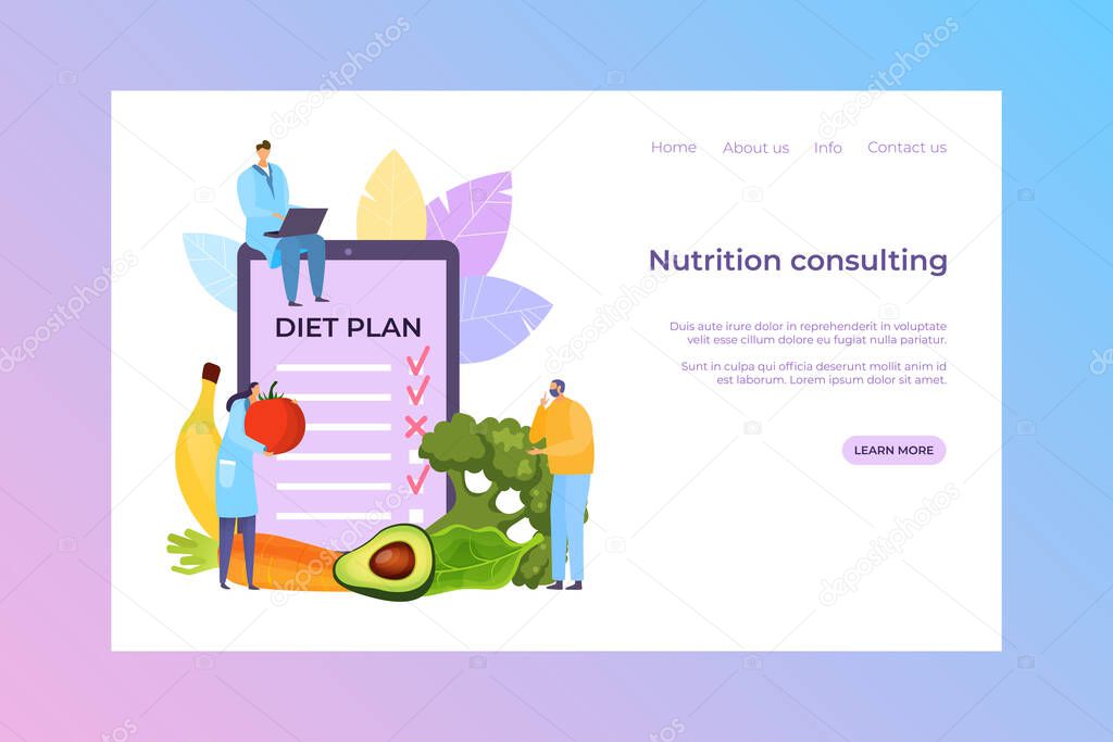 Nutrition consulting, diet plan vector illustration. Doctor people cartoon character consult patient about fresh meal, banner