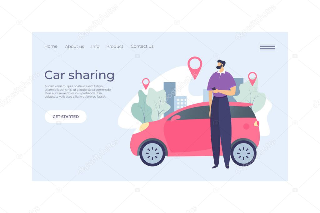 Car sharing service landing concept web banner flat vector illustration. Character male urban rent vehicle, point gps sign. Man hold mobile phone.
