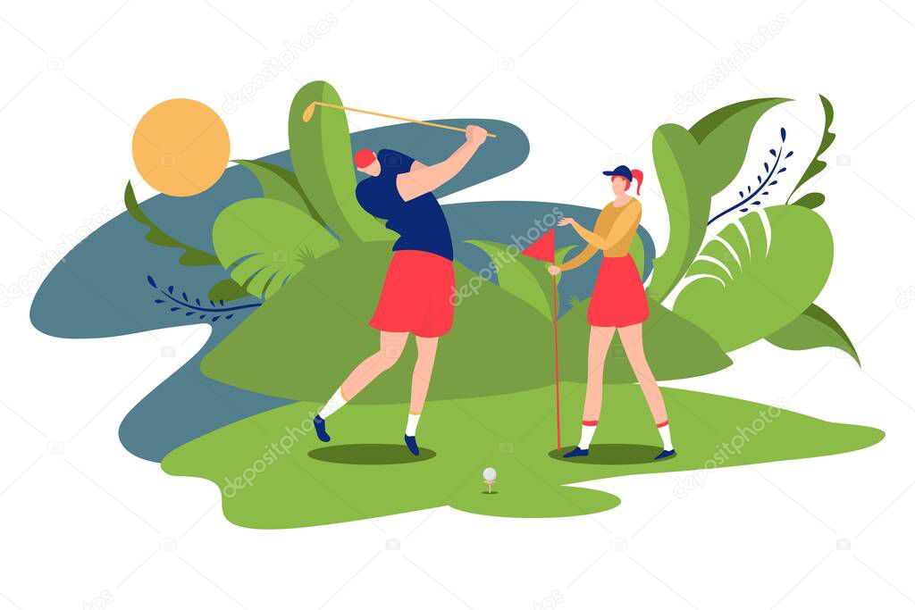 People golfer playing female male character golf course isolated on white, cartoon vector illustration. Ecological clean field.