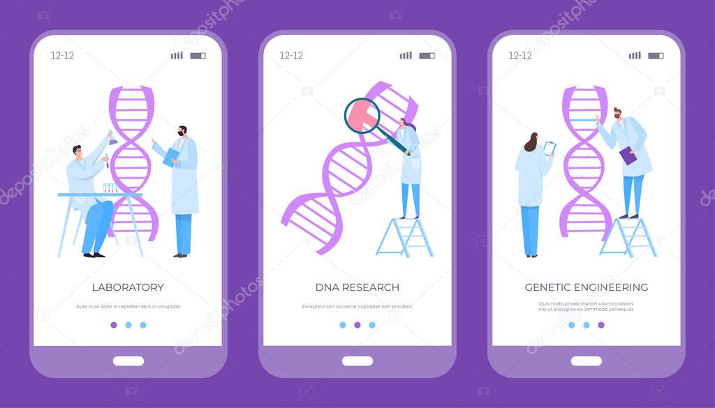 Scientist exploring human dna genome, vector illustration. People flat character conduct medical research at cartoon laboratory.
