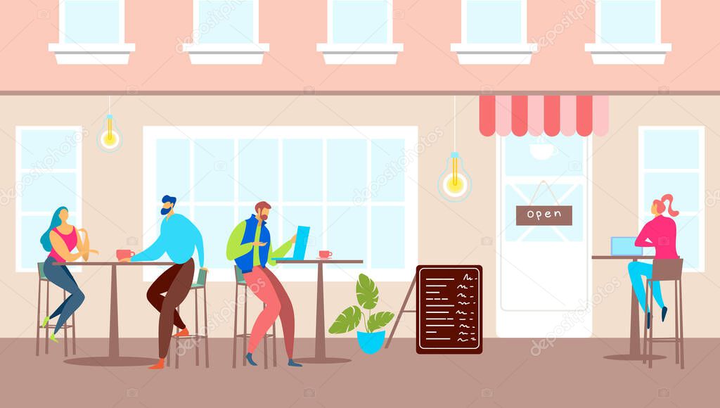 Street cafe exterior, city architecture vector illustration. People character outside cartoon restaurant, outdoor tables for man